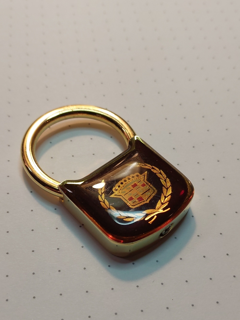 Vintage Cadillac Enamel Padlock Key Fob Keychain Gold Tone